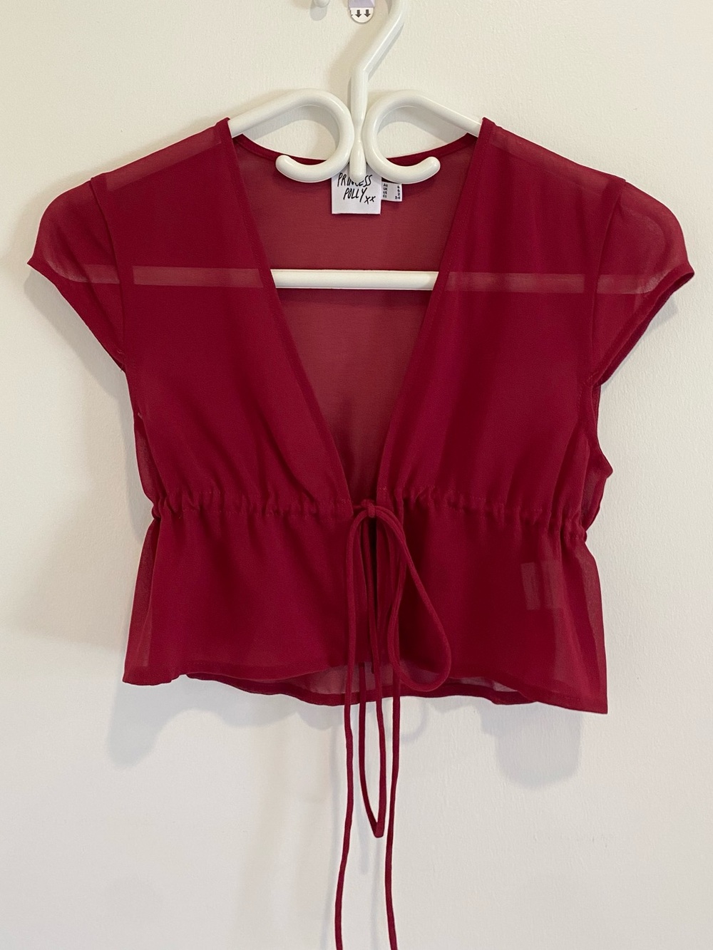 Princess Polly Burgundy Sheer Tie-Front Crop Top